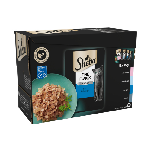 SHEBA FINE FLAKES CAT FOOD POUCHES FISH IN JELLY 12PK 85G