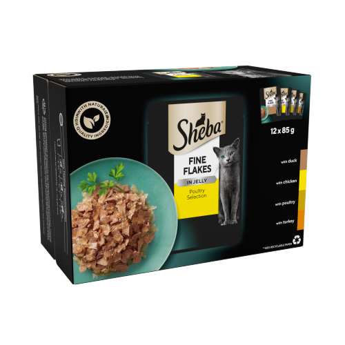 SHEBA FINE FLAKES CAT FOOD POUCHES POULY IN JELLY 12PK 85G