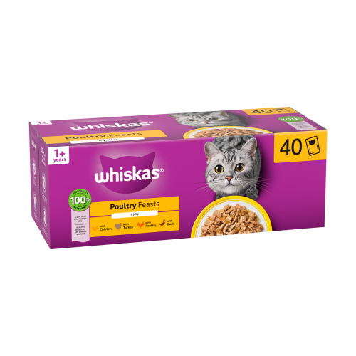 WHISKAS 1+ POULY FEASTS ADULT WET CAT FOOD POUCHES IN JELLY 40PK 85G