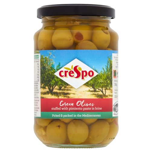 CRESPO GREEN OLIVES STUFFED WITH PIMIENTO PASTE IN BRINE 354G