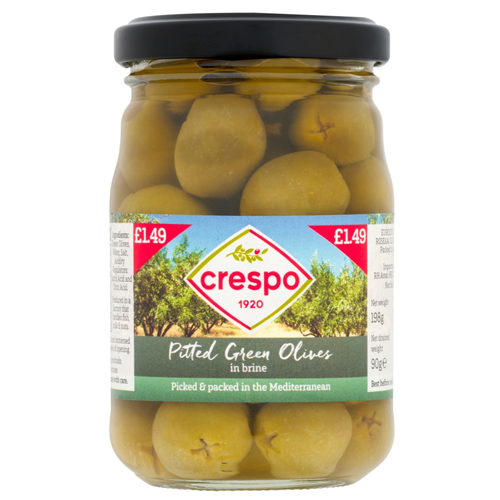 CRESPO PITTED GREEN OLIVES PMP £1.49 198G