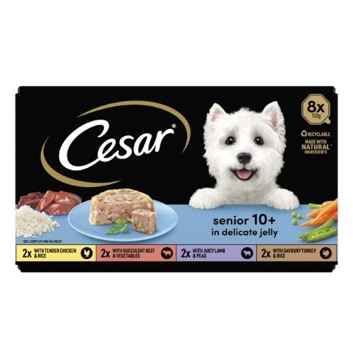 CESAR SENIOR WET DOG FOOD TRAYS MEAT IN DELICATE JELLY 8PK 150G
