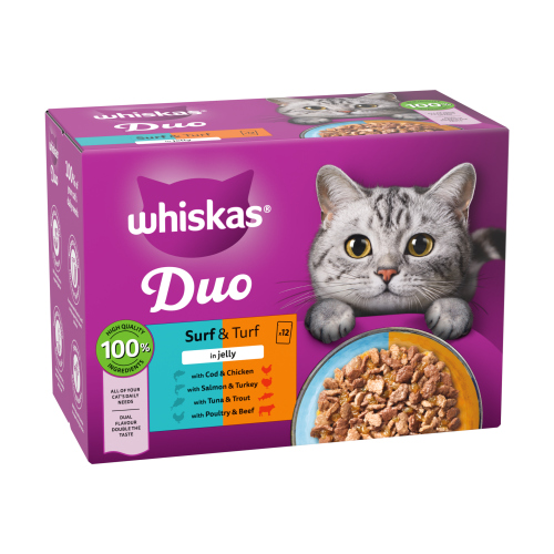 WHISKAS 1+ CAT POUCHES DUO SURF & TURF IN JELLY 12PK 85G