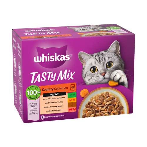 WHISKAS 1+ CAT POUCHES TASTY MIX COUNTRY COLLECTION IN GRAVY 12PK 85G