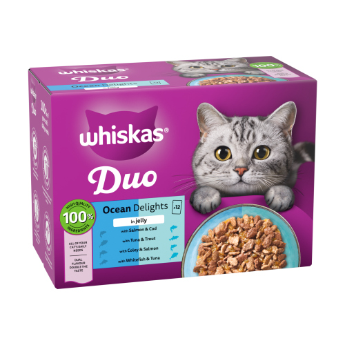 WHISKAS 1+ CAT POUCHES DUO OCEAN DELIGHTS IN JELLY 12PK 85G
