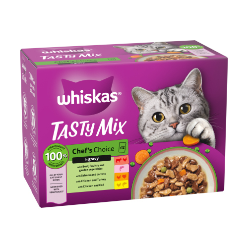 WHISKAS 1+ CAT POUCHES TASTY MIX CHEFS CHOICE IN GRAVY 12PK 85G
