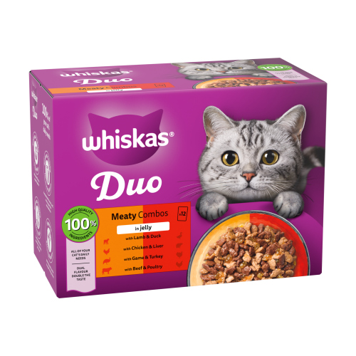 WHISKAS 1+ CAT POUCHES DUO MEATY COMBOS IN JELLY 12PK 85G