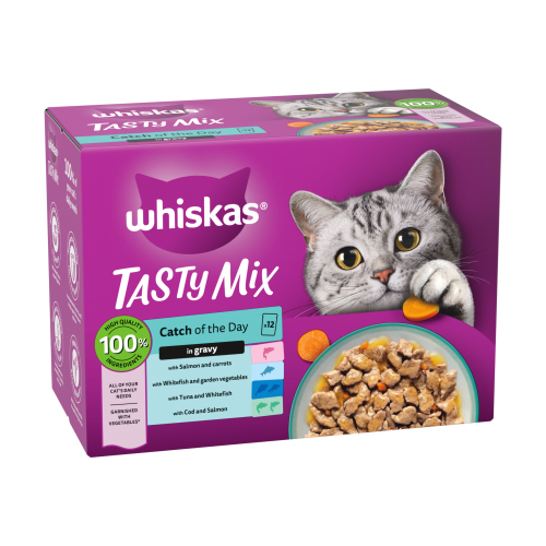 WHISKAS 1+ CAT POUCHES TASTY MIX CATCH OF THE DAY IN GRAVY 12PK 85G