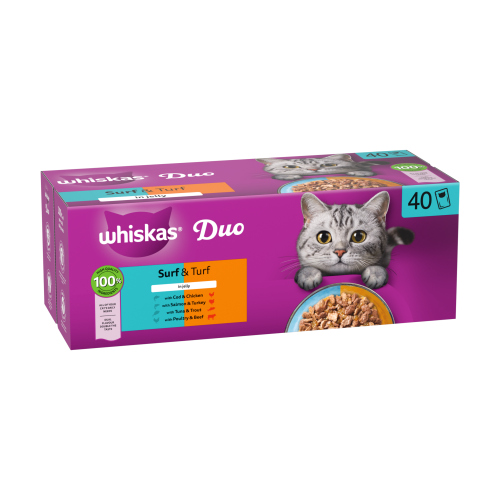 WHISKAS 1+ CAT POUCHES DUO SURF & TURF IN JELLY 40PK 85G