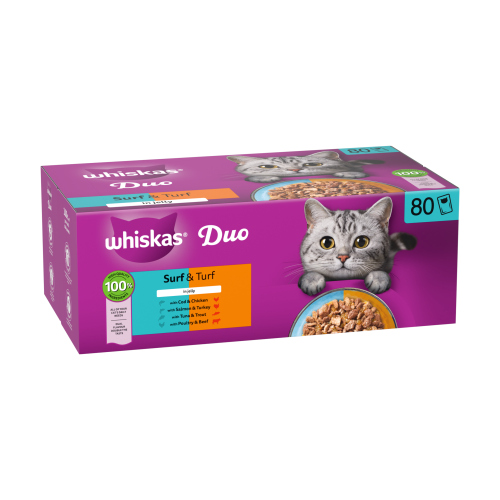 WHISKAS 1+ CAT POUCHES DUO SURF & TURF IN JELLY 80X 85G