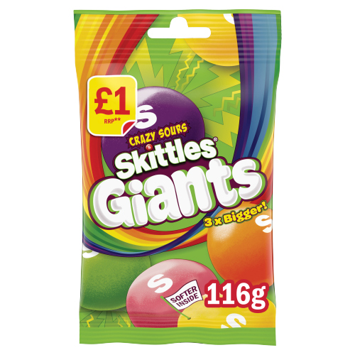 SKITTLES GIANTS SOUR SWEETS BAG PMP £1.00 116G