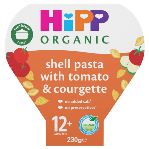 HIPP ORGANIC SHELL PASTA WITH TOMATO COURGETTE TODDLER TRAY MEAL 1-3 YEARS 230G