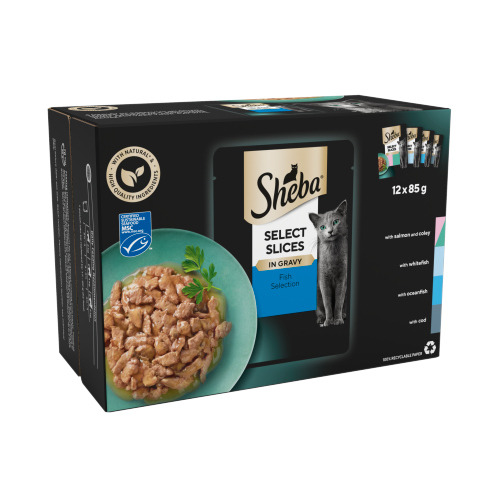 SHEBA SELECT SLICES CAT FOOD POUCHES FISH IN GRAVY 12PK 85G