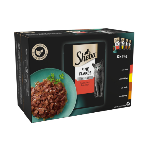 SHEBA FINE FLAKES CAT FOOD POUCHES SUCCULENT SELECTION IN JELLY 12PK 85G