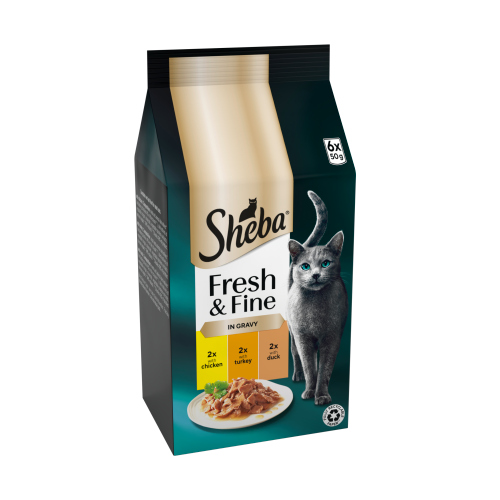 SHEBA FRESH & FINE CAT POUCHES WITH CHICKEN & TURKEY & DUCK IN GRAVY 6PK 50G