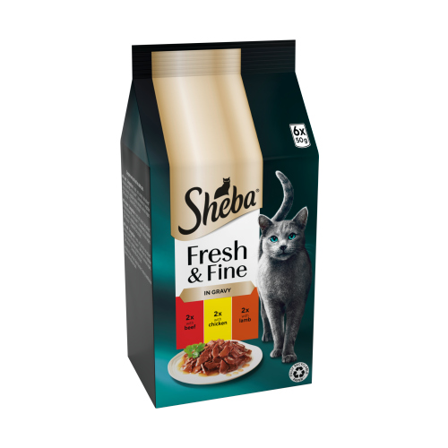 SHEBA FRESH & FINE CAT POUCHES WITH BEEF & CHICKEN & LAMB IN GRAVY 6PK 50G