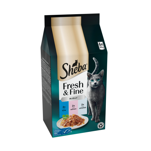 SHEBA FRESH & FINE CAT POUCHES WITH TUNA & SALMON & TROUT IN JELLY 6PK 50G