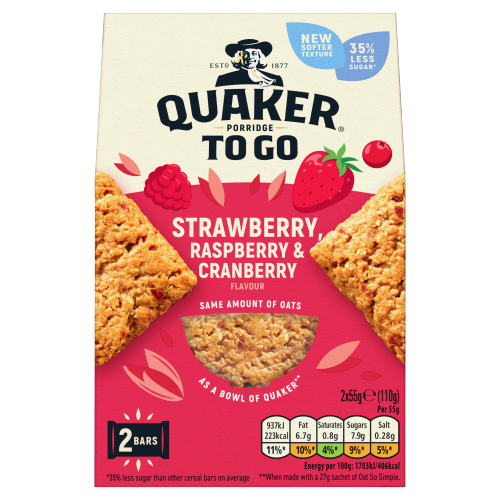 QUAKER PORRIDGE TO GO STRAWBERRY RASPBERRY CRANBERRY 2PK 110G