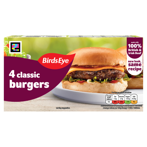 BIRDS EYE 4 CLASSIC BURGERS PMP £3.50 227G