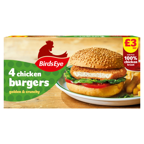 BIRDS EYE 4 CHICKEN BURGERS PMP £3.00 200G