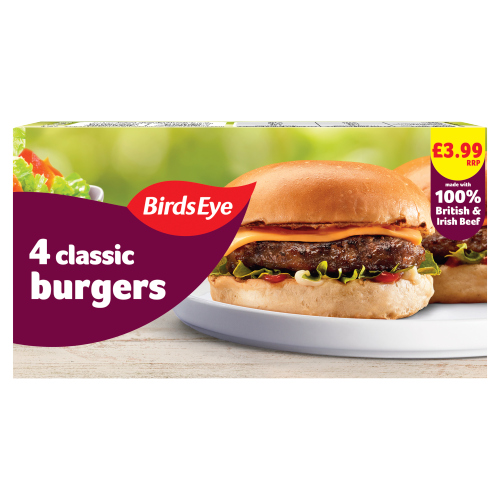 BIRDS EYE 4 BEEF BURGERS PMP £3.99 227G