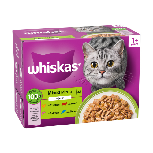WHISKAS 1 + CAT POUCHES MIXED MENU IN JELLY 12PK 85G
