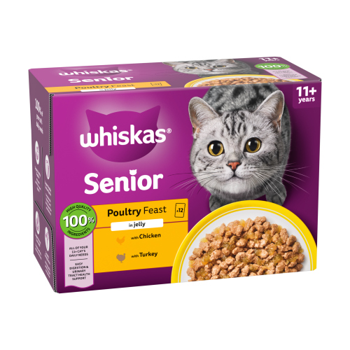 WHISKAS 11+ POULTRY FEASTS SENIOR WET CAT FOOD POUCHES IN JELLY 12X 85G