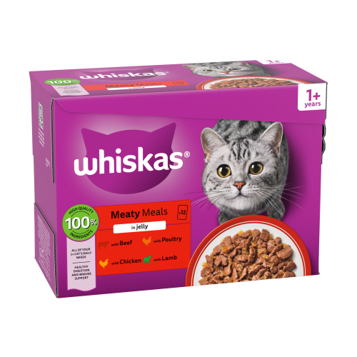 WHISKAS 1+ CAT POUCHES MEATY MEALS IN JELLY 12PK 85G