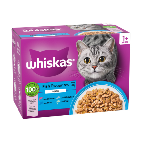 WHISKAS 1+ FISH FAVOURITES ADULT WET CAT FOOD POUCHES IN JELLY 12PK 85G
