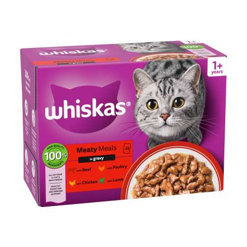 WHISKAS 1 + CAT POUCHES MEATY MEALS IN GRAVY 12PK 85G