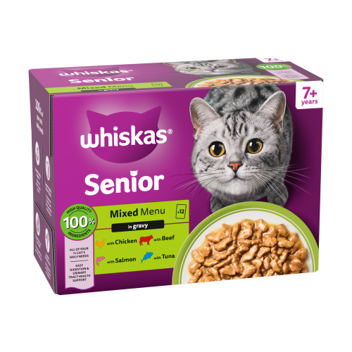 WHISKAS 7+ MIXED MENU SENIOR WET CAT FOOD POUCHES IN GRAVY 12PK 85G