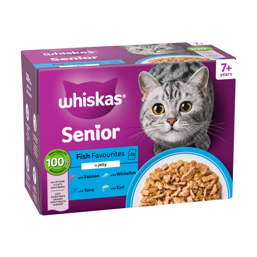 WHISKAS 7 + CAT POUCHES FISH FAVOURITES IN JELLY 12PK 85G