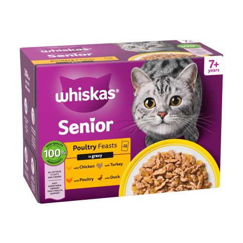 WHISKAS 7+ CAT POUCHES POULY FEASTS IN GRAVY 12PK 85G