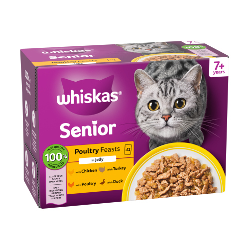 WHISKAS 7 + CAT POUCHES POULY FEASTS IN JELLY 12PK 85G
