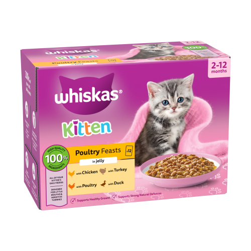 WHISKAS 2-12 MONTHS CAT POUCHES POULY IN JELLY 12PK 85G