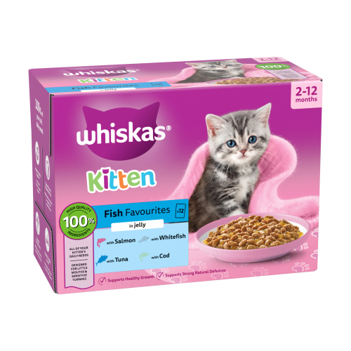 WHISKAS 2-12 MONTHS CAT POUCHES FISH FAVOURITES IN JELLY 12PK 85G