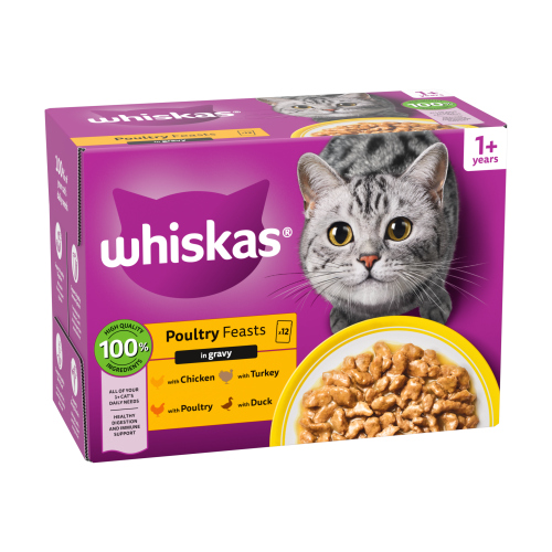 WHISKAS 1+ CAT POUCHES POULY FEASTS IN GRAVY 12PK 85G