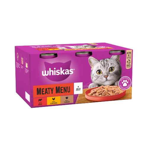 WHISKAS ADULT WET CAT FOOD TINS MEATY IN JELLY 6PK 400G