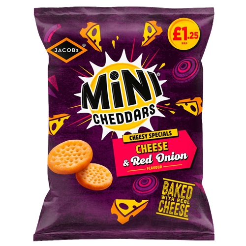 JACOB'S MINI CHEDDARS CHEDDAR & RED ONION BAKED SNACKS PMP £1.25 90G