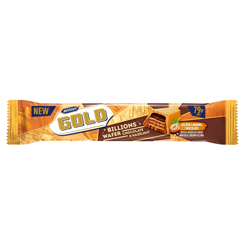 MCVITIE'S GOLD BILLIONS WAFER GOLDEN CARAMEL HAZELNUT  CHOCOLATE BAR  PMP 79P 39.5G