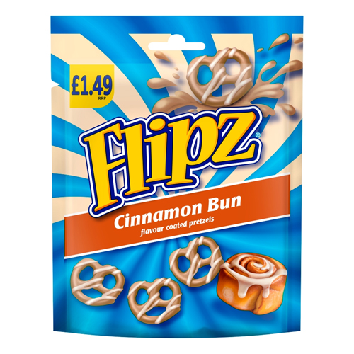 FLIPZ CINNAMON BUN FLAVOUR COATED PRETZEL SNACKS PMP £1.49 80G