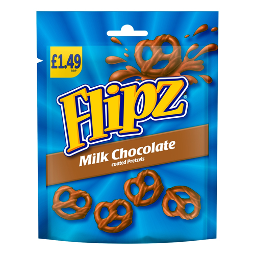 FLIPZ MILK CHOCOLATE COATED PRETZEL SNACKS PMP £1.49 80G