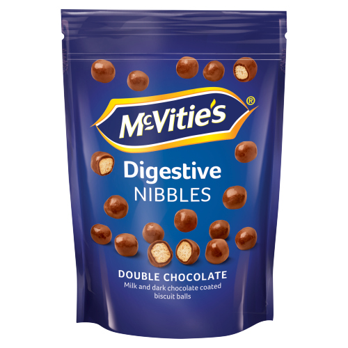 MCVITIE'S DIGESTIVES NIBBLES DOUBLE CHOCOLATE MILK & DARK CHOCOLATE COATED BISCUIT BALLS 80G