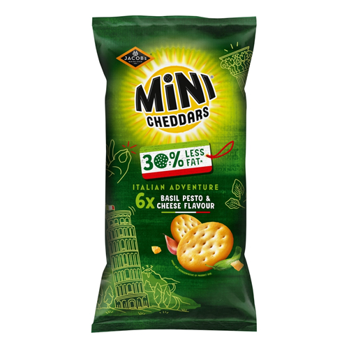 JACOB'S MINI CHEDDARS 30% LESS FAT BASIL PESTO & CHEESE BAKED  6PK 102G