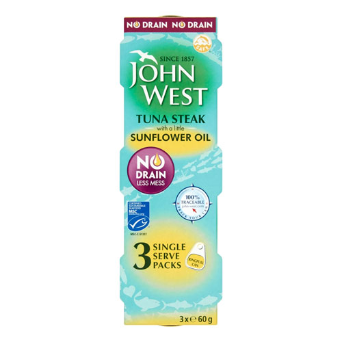 JOHN WEST NO DRAIN TUNA STEAK IN SUN FLOWER OIL 3PK 60G