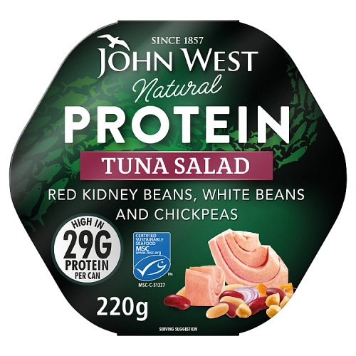 JOHN WEST NATURAL PROTEIN TUNA SALAD WITH RED KIDNEY BEANS, WHITE BEANS AND CHICKPEAS 220G