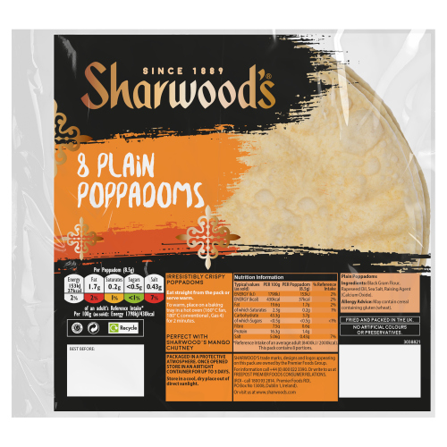 SHARWOOD'S 8 PLAIN POPPADOMS 5X 72G