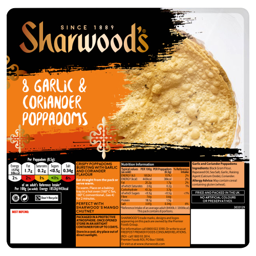 SHARWOOD'S 8 GARLIC & CORIANDER POPPADOMS 72G