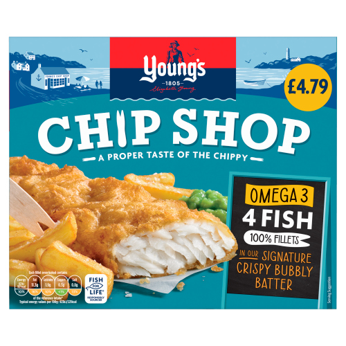 YOUNG'S CHIP SHOP BATTERED 4 FISH FILLETS PMP £4.79 400G