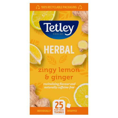 TETLEY HERBAL ZINGY LEMON & GINGER 25 TEA BAGS 50G
